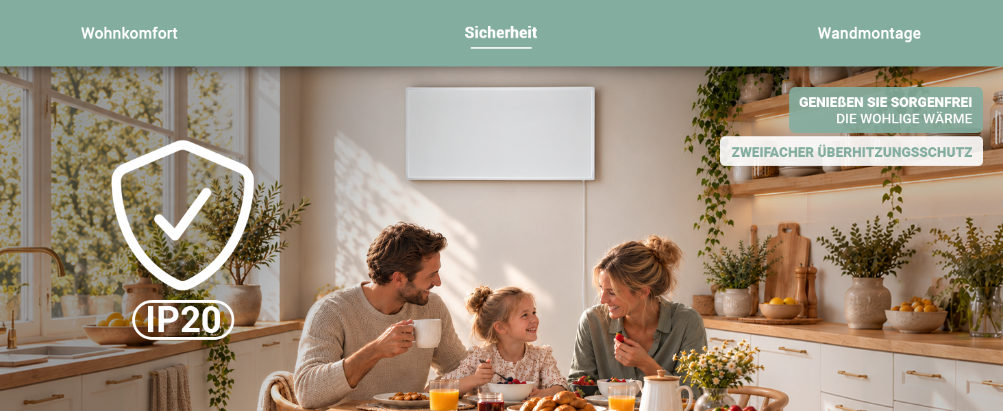 Wei&szlig;e Heidenfeld Infrarotheizung in einer gem&uuml;tlichen Familienk&uuml;che mit IP20-Schutzart und zweifachem &Uuml;berhitzungsschutz f&uuml;r sicheren Heizkomfort.